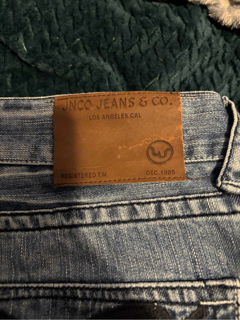 JNCO Men's Light Blue Denim Jeans with Brown Leather Patch